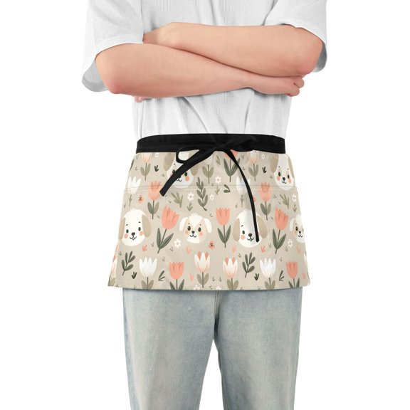 Dog Head and Tulip Flowers Server Apron with 3 Pockets Waterproof Waitress Waist Short Apron for Man Woman 12 Inches