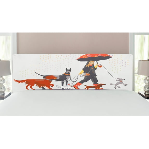 Dog Headboard, Young Modern Girl Taking Pack Dog for a Walk in the Rain Fun Joyful Times Print, Upholstered Decorative Metal Bed Headboard with Memory Foam, King Size, Multicolor, by Ambesonne