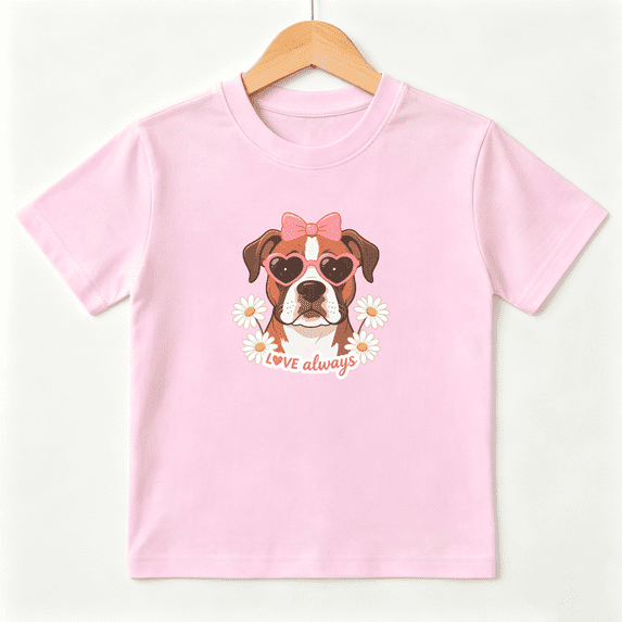 Dog Heart Sunglasses Girls Graphic Tee, Cute Retro Floral Puppy 100% Cotton Kids Short Sleeve T-Shirt