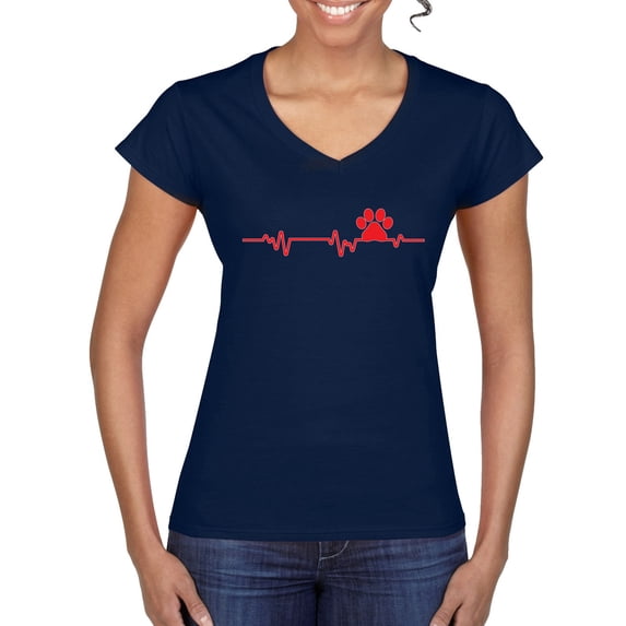Dog Heartbeat | Paw Print EKG Lifeline | Veterinarian Vet Tech Dog Lover Women’s Standard V-Neck Tee, Navy, Large