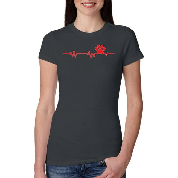 Dog Heartbeat | Paw Print EKG Lifeline | Veterinarian Vet Tech Dog Lover Womens Slim Fit Junior Tee, Dark Grey, X-Large