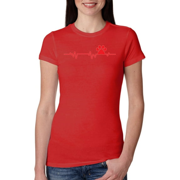 Dog Heartbeat | Paw Print EKG Lifeline | Veterinarian Vet Tech Dog Lover Womens Slim Fit Junior Tee, Red, Medium