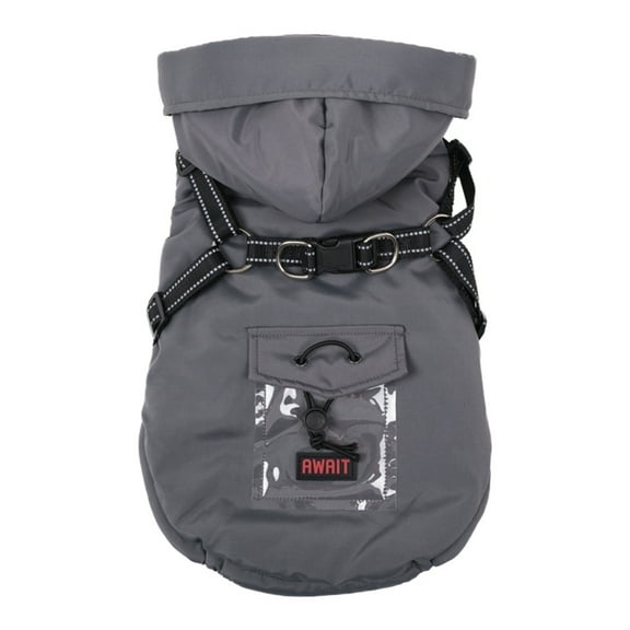 Dog Hooded Coat, Windproof Dog Jacket with Harness,Outdoor Cotton Dog Hoodie Outfit Apparel for Small Medium Dogs,Gray,M