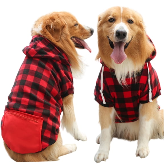 Dog Hoodie, Dog Plaid Shirt, Pet Sports Sweatshirt Clothing - Red, M Size, With Hood, Pocket, Comfortable Fabric - For Medium Dogs, Outdoor Activities, Daily Wear, Cold Weather