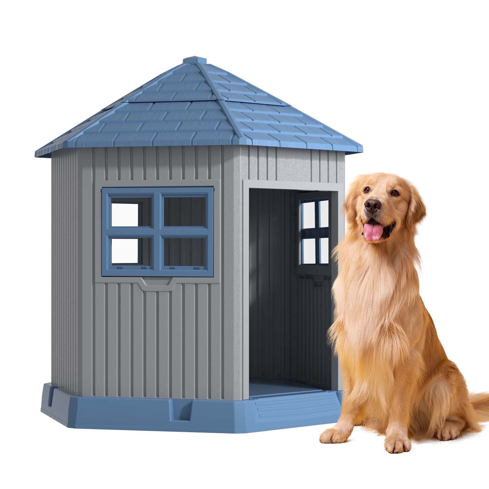 EasyUp Dog House Indoor Outdoor Durable Large Dog Shelter with Outside Dog Kennel with Window and Elevated Floor for Small Medium Dogs (Blue&Grey, 34.8 * 30.51 * 36.89)