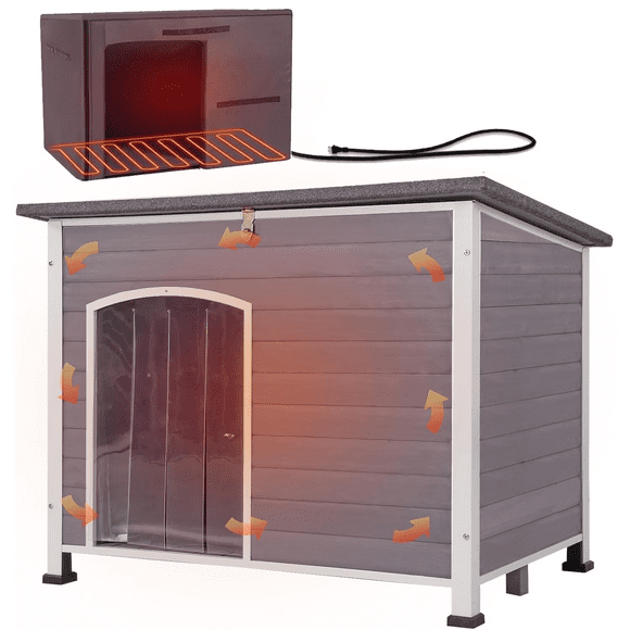 Extra Large Heated Insulated Dog House Outdoor Weatherproof XL Dog Kennel with Thermostat-Controlled Heating Pad, Thermal Liner, Chew-Proof Metal Frame for Large Dogs (Grey)
