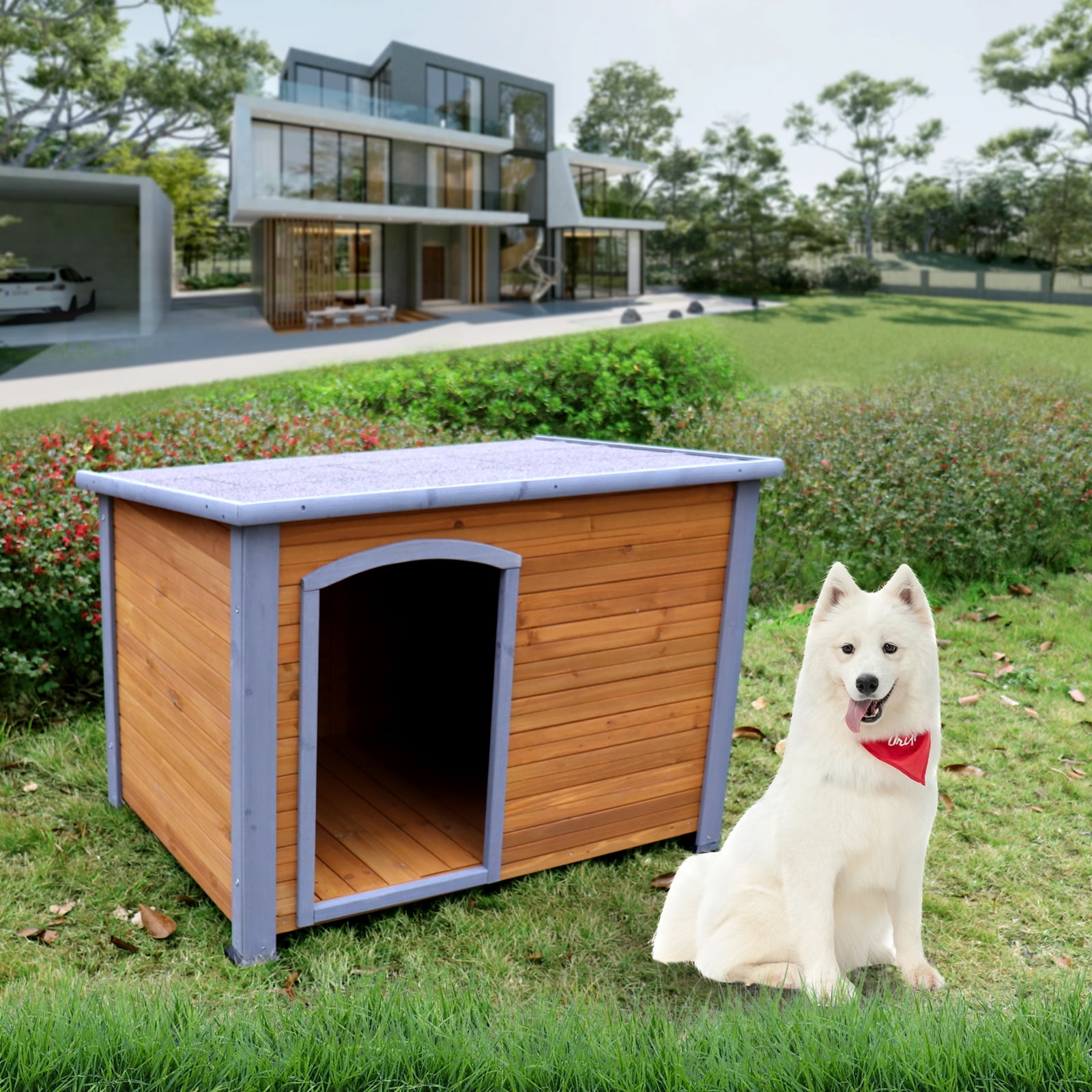 Dog House Outdoor & Indoor Heated Wooden Dog Kennel for Winter with Raised Feet Weatherproof for