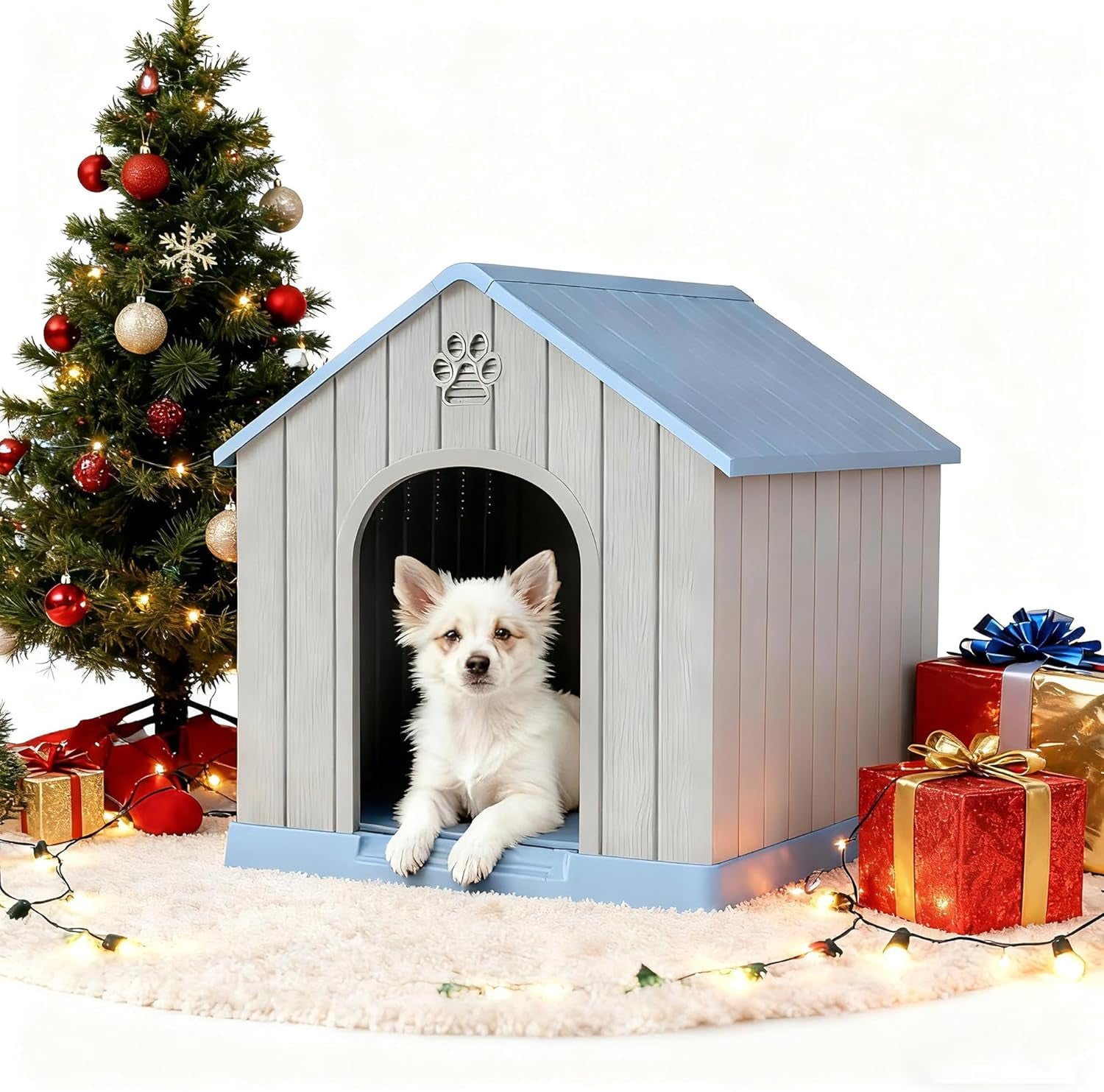 Dog House Outdoor Indoor for Medium Large Dogs, Durable Plastic Waterproof Doghouse with Air Vents and Elevated Floor, Easy Clean and Assemble (Blue, 26.18''L × 24.02''W × 25.98''H)