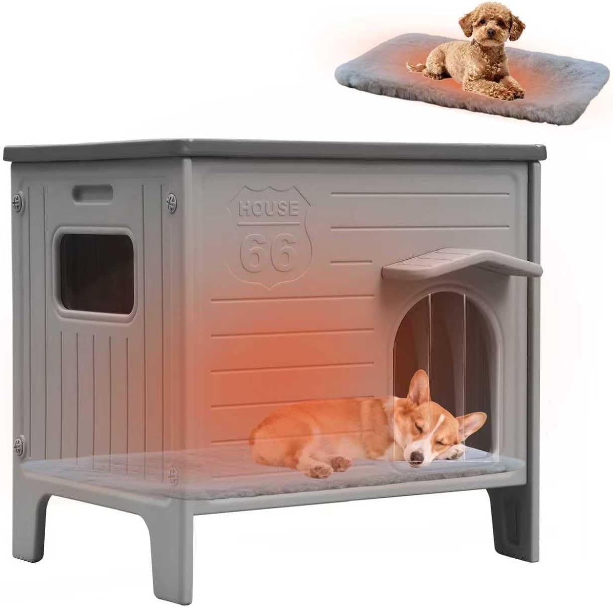 Dog House Outdoor Indoor for Small Medium Dogs, Insulated Dog House with Mat, Plastic Elevated Outdoor Dog House Waterproof Dog Kennel with Window, Clean Easily(M & Mat)