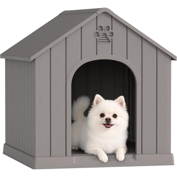 Dog House Outdoor Indoor for Small Medium Dogs, Sturdy Plastic Waterproof Doghouse with Air Vents and Elevated Floor, Easy Clean and Assemble (Grey, 26.18''L × 24.02''W × 25.98''H)