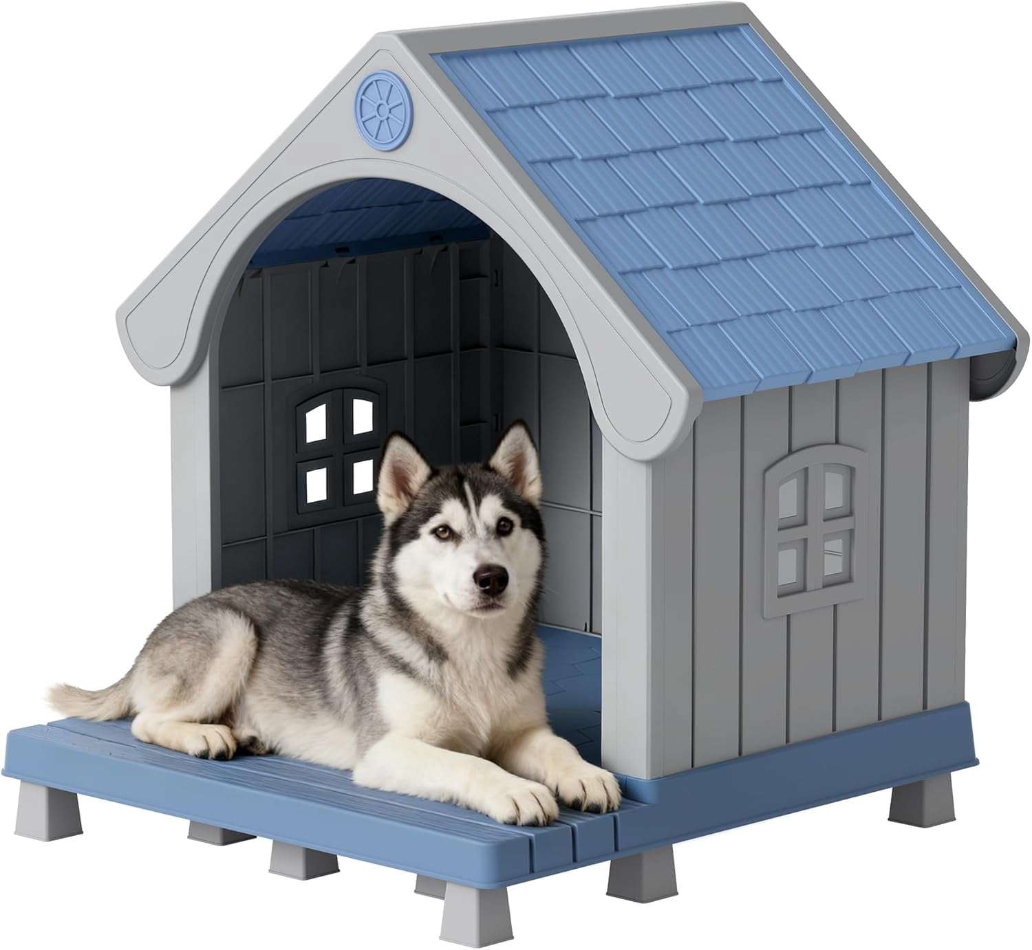 Dog House Outdoor Weatherproof with Porch for Small Medium Dogs, Durable Plastic Pet House with Sloping roof and Elevated Floor, Easy Cleaning and Assemble (Blue)