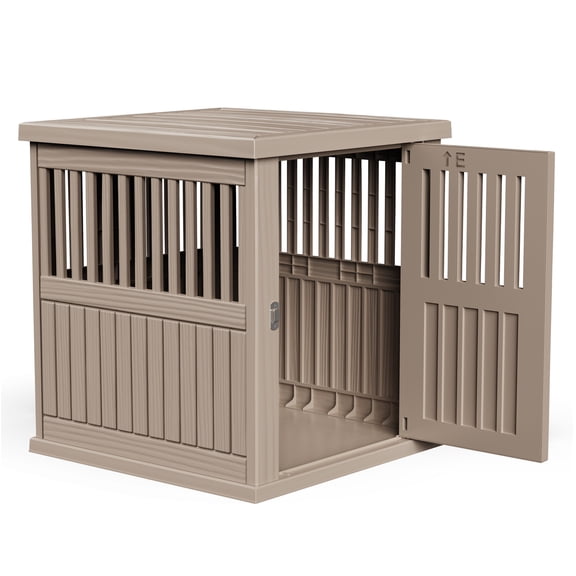 Dog House Resin Dog Crate Furniture End Table Outdoor Pet Kennel Dog Cage with Lockable Latch for Small to Medium Dogs, Gray