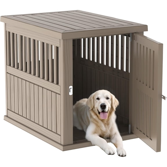 Dog House Resin Dog Kennel Furniture Weatherproof Functional End Table for Indoor Living Spaces & Outdoor Patios(Light Brown, Large (39.37 * 28.35 * 32.83))