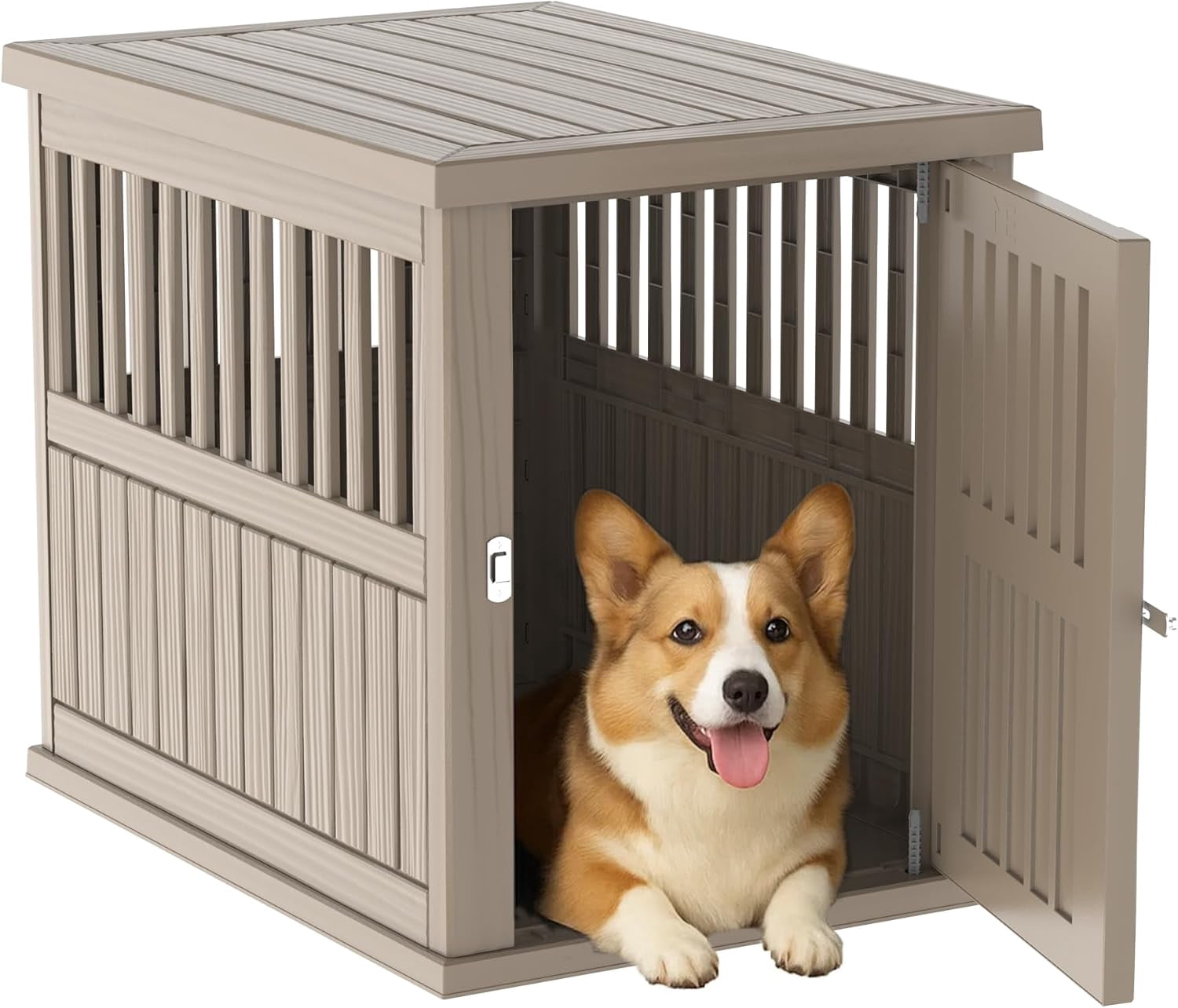 Dog House Resin Dog Kennel Furniture Weatherproof Functional End Table for Indoor Living Spaces & Outdoor Patios(Light Brown, Medium Size(29.65 * 21.34 * 25.28))