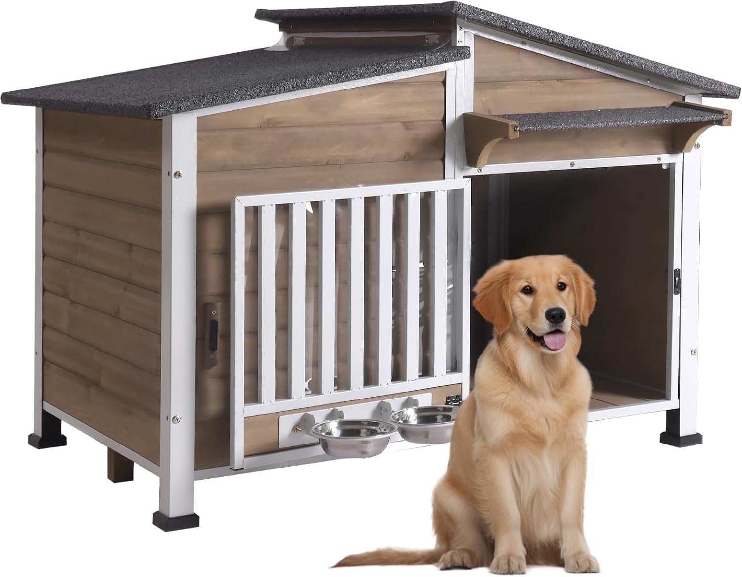 Dog House with Anti-Chewing Metal Frame Design Wooden Dog Kennel with Unique Design Roof, Weatherproof Dog House for Indoor & Outdoor Use (Brown, L)