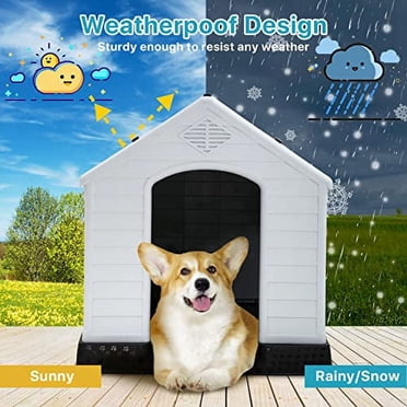 SEGAWE Plastic Dog House, Weatherproof Outdoor Kennel For Medium Dogs, Raised Design With Removable Roof