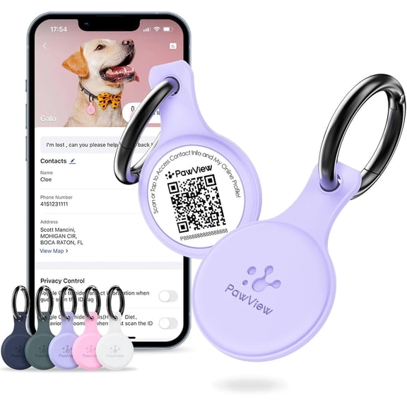 Dog ID Tag with QR Code & NFC, Silent Silicone Dog Name Tags Personalized for Pets- Scan QR for Instant Location Alert, Emergency Contact and Modifiable Pet Profile (Purple)
