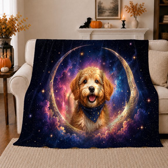 Dog In Crescent Moon Cosmic Scene Mystical Serene Celestial Art Flannel Blanket Cozy Home Decor For Dog Lovers Christmas Gift In Bedroom Living Room