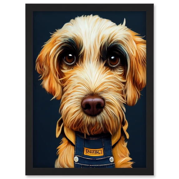 Dog In Dungarees Detailed Portrait Orange Bandana Artwork Framed Wall Art Print A4