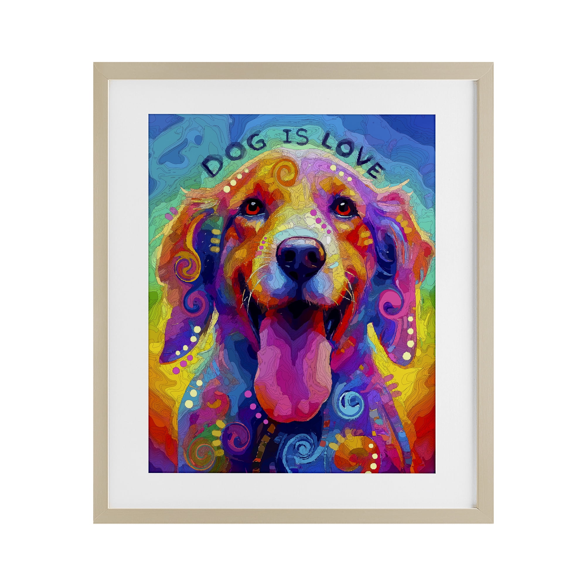 Dog Is Love Swirled Pattern Birch Framed Print Under Glass, design by Dean Russo- Evolution Collection