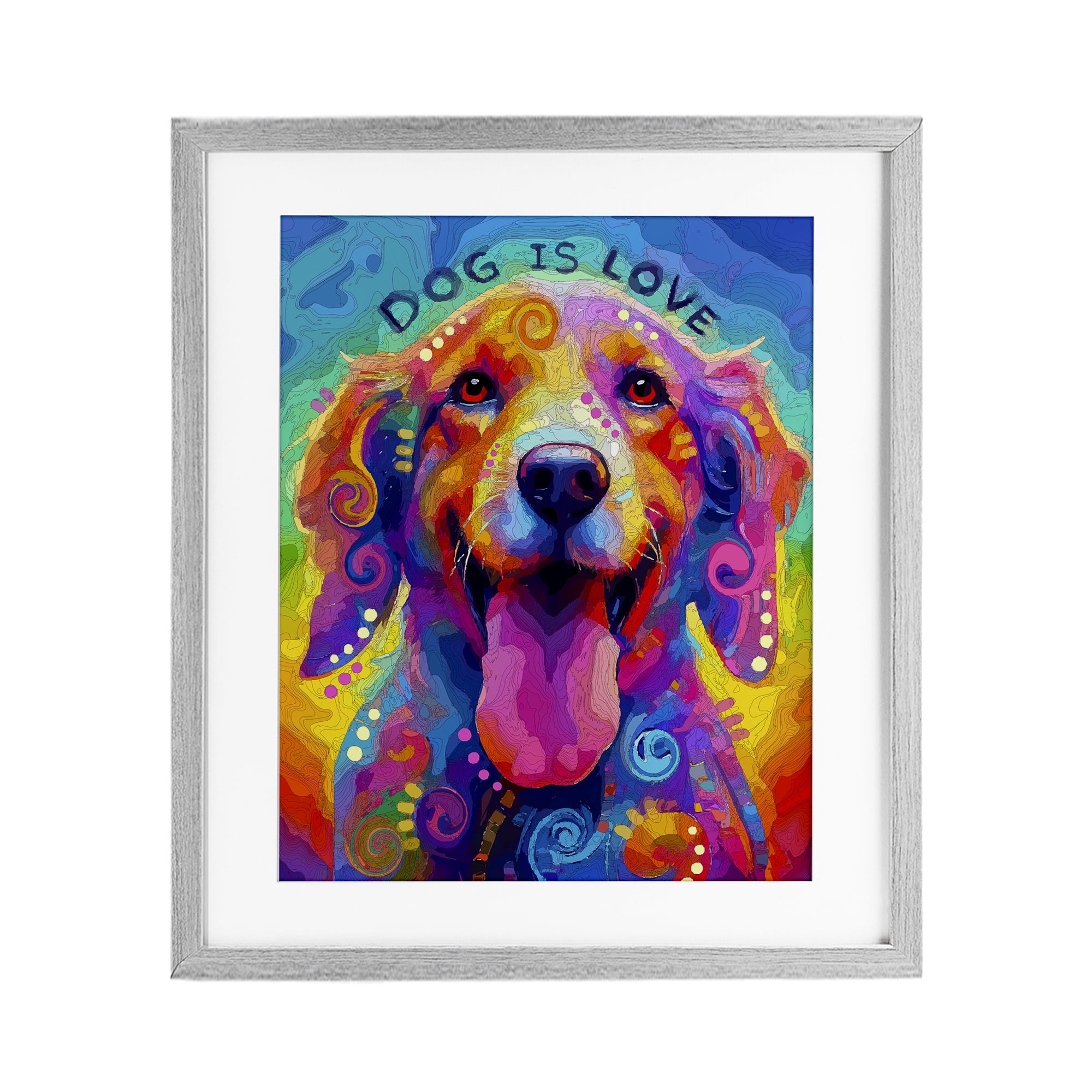 Dog Is Love Swirled Pattern Gray Framed Print Under Glass, design by Dean Russo- Evolution Collection