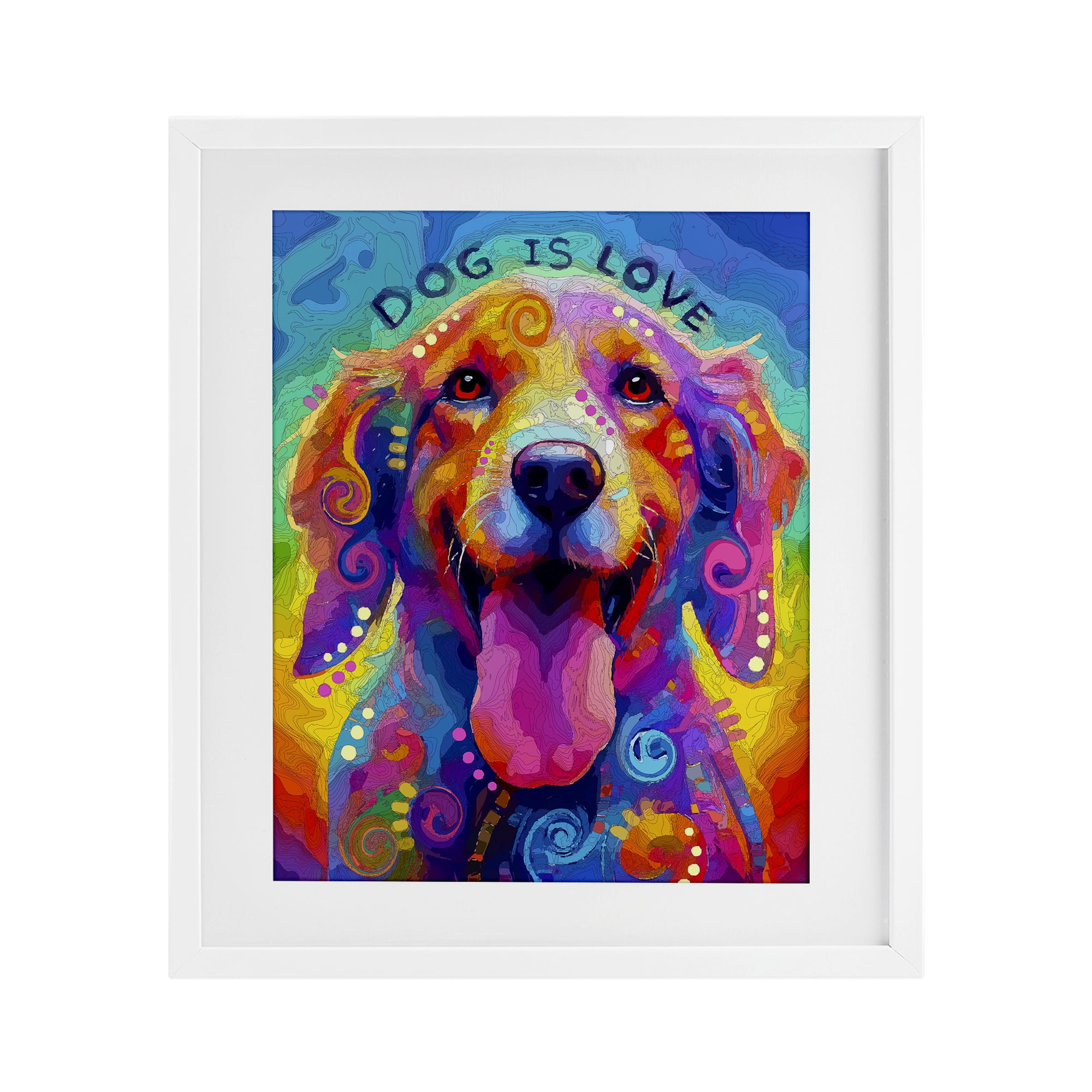 Dog Is Love Swirled Pattern White Framed Print Under Glass, design by Dean Russo- Evolution Collection