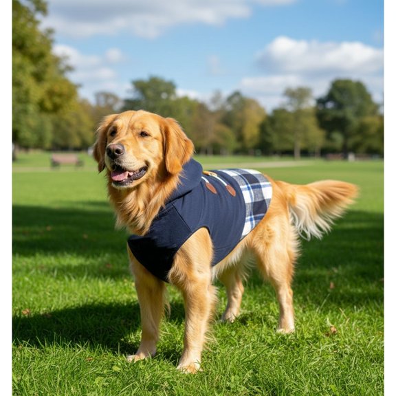 Dog Jacket Navy Blue and Plaid Pieced Style w/ Sherpa Lining andToggles