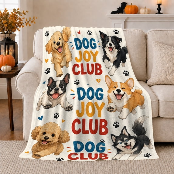 Dog Joy Club Grid Playful Pup Art, Playful Pet Portrait Pattern, Warm Flannel Blanket for Living Room and Reading Nook, Dog Lovers Christmas Gift, Pet Lover Home Decor
