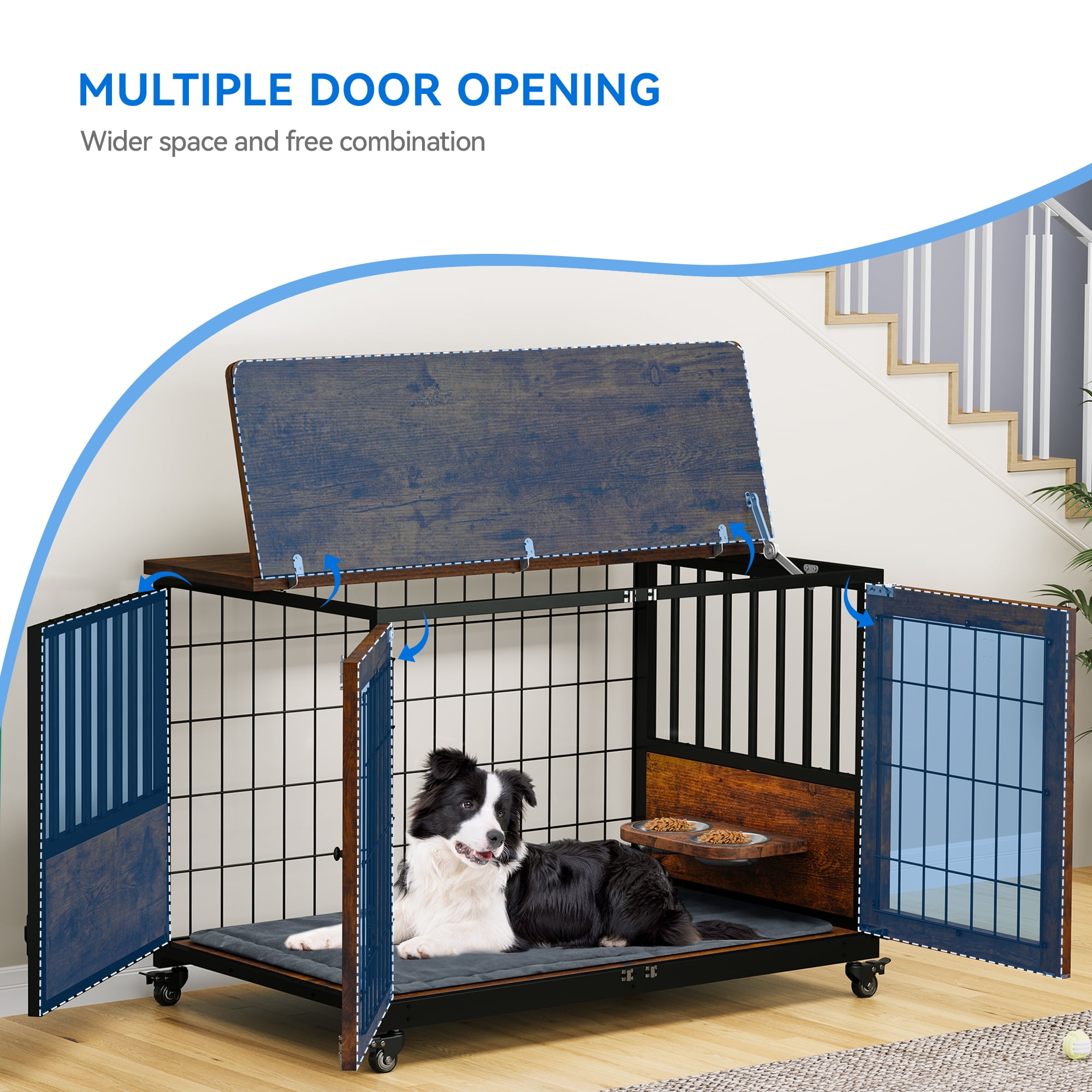 Dog Kennel Furniture with Wheels,Dog Crate Furniture with Rotating Feeder Bowls and Three Doors
