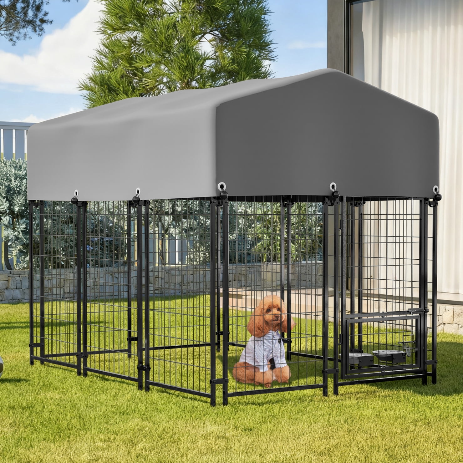 Dog Kennel Outdoor 4.23'x5.82'x4.83', Dog House with Lock, Waterproof Roof and Rotating Feeding Bowl, Pet Enclosures Crate Cage for Small/Medium Dogs