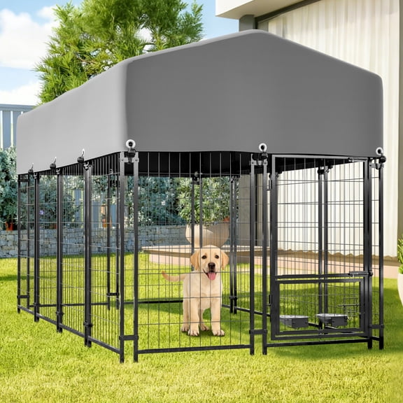 Dog Kennel Outdoor 4.23'x7.81'x4.83', Dog House with Lock, Waterproof Roof and Rotating Feeding Bowl, Pet Enclosures Crate Cage for Small/Medium Dogs