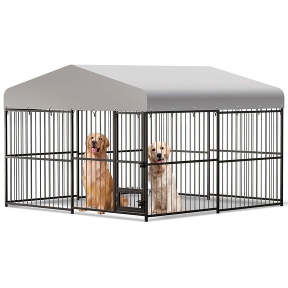 Dog Kennel Outdoor, Dog Cage Outdoor for Medium/Large Dogs with Safety Locks,UV & Water Resistant Proof Cover, 2 Stainless Steel Bowl, All Weather Heavy Duty Dog Enclosure for Backyard Farm Ranch