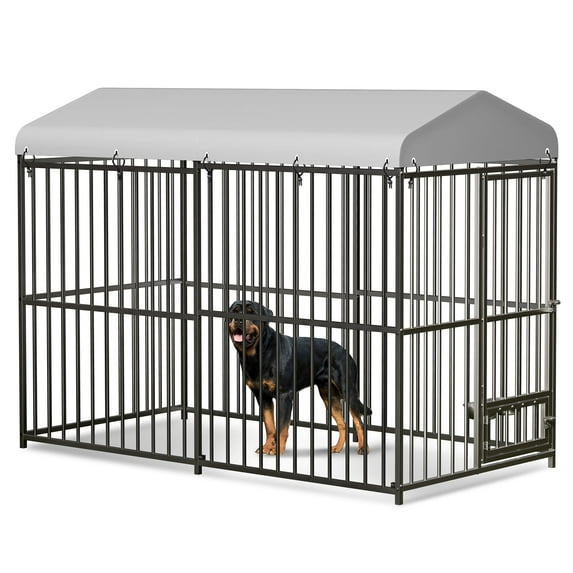 Dog Kennel, Outdoor Dog House with Anti-UV Waterproof Cover, Dog Enclosures Pet Crate Cage Playpen with Lockable Door & Feeding Bowls for Medium to Small Dog