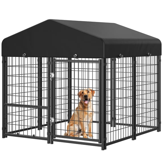 Dog Kennel Outdoor, Outside Dog Kennel with Roof & Removable Doggy Door Allow Connecting Your Dog House, Square Pet Enclosure Dog Run Yard for Medium/Small Dogs(4'L x 4'W x 4.6'H)