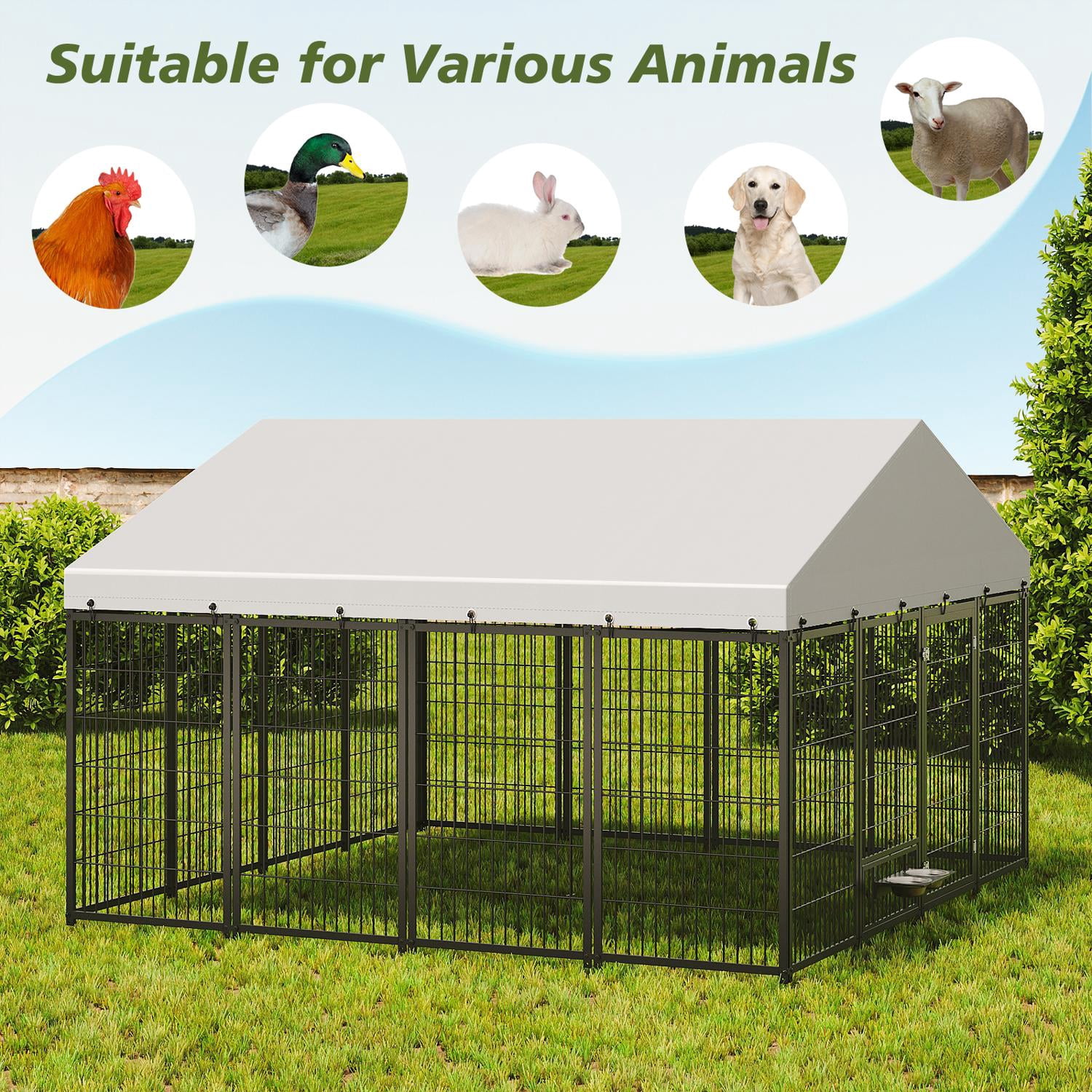 Dog Kennel, Outdoor Pet Pen, Large Dog Run Enclosure with Roof Cover, Metal Coop Fence for Animals, 10x10x6 Ft Size