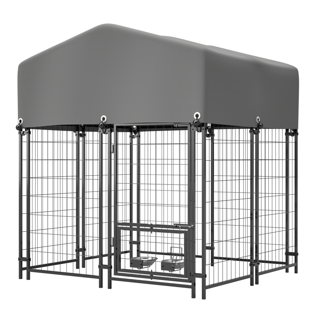 Dog Kennel Outdoor with Roof, 4.23'x7.81'x4.83' Welded Wire Enclosure, Heavy Duty Dog Crate with UV-Resistant Waterproof Cover, Double Lock & Rotating Feeder for Medium/Large Dogs