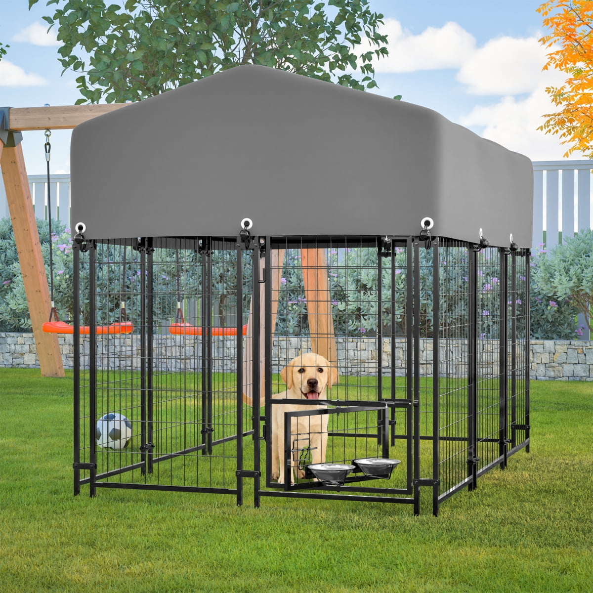 Dog Kennel Outdoor with Roof 4.23x5.82x4.83 FT Heavy Duty Welded Wire Dog Crate with Waterproof UV Resistant Cover Double Lock and Rotating Feeder Grey