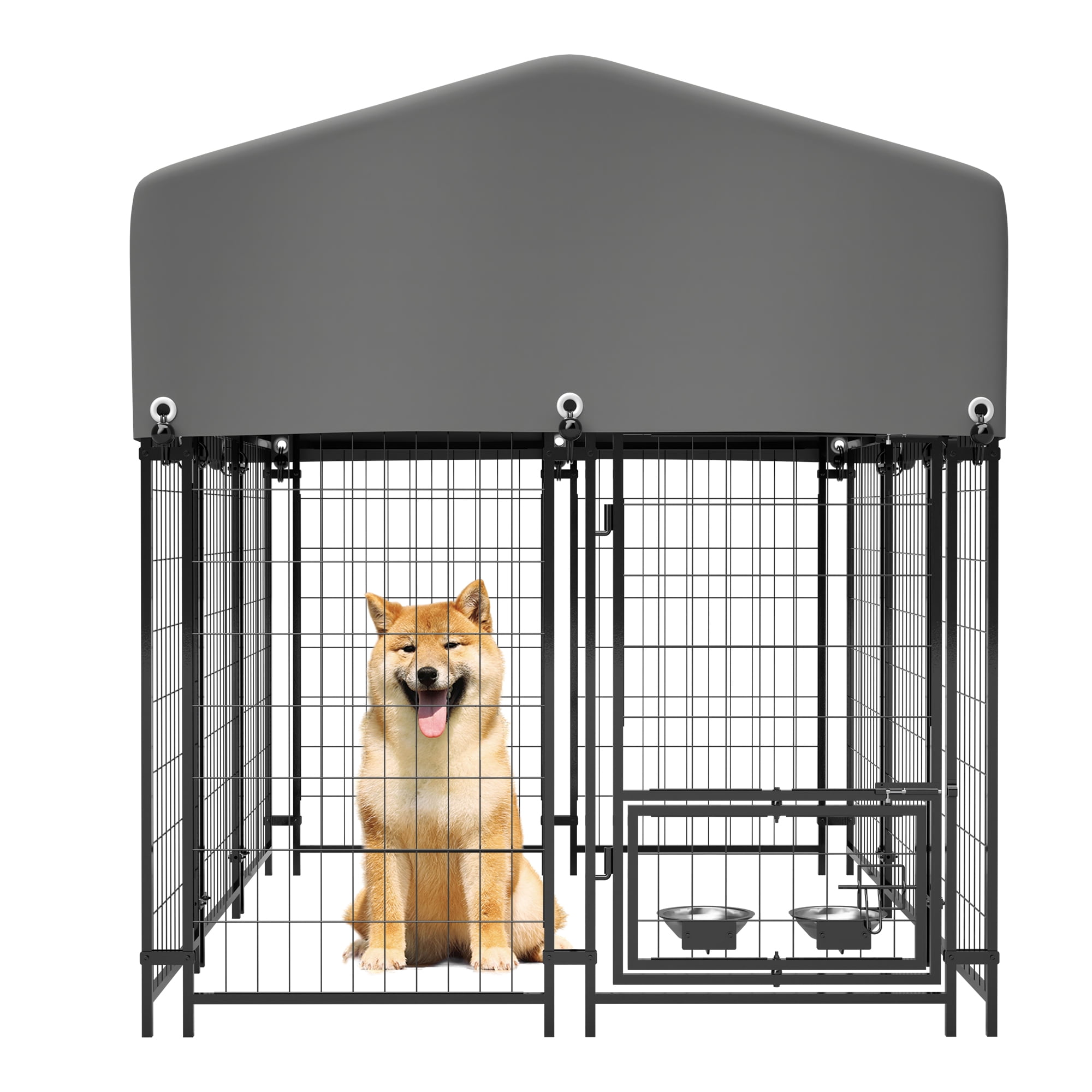 Dog Kennel Outdoor with Roof, Welded Wire Enclosure, Heavy Duty Dog Crate with UV-Resistant Waterproof Cover, Double Lock & Rotating Feeder 4.23'x5.82'x4.83'
