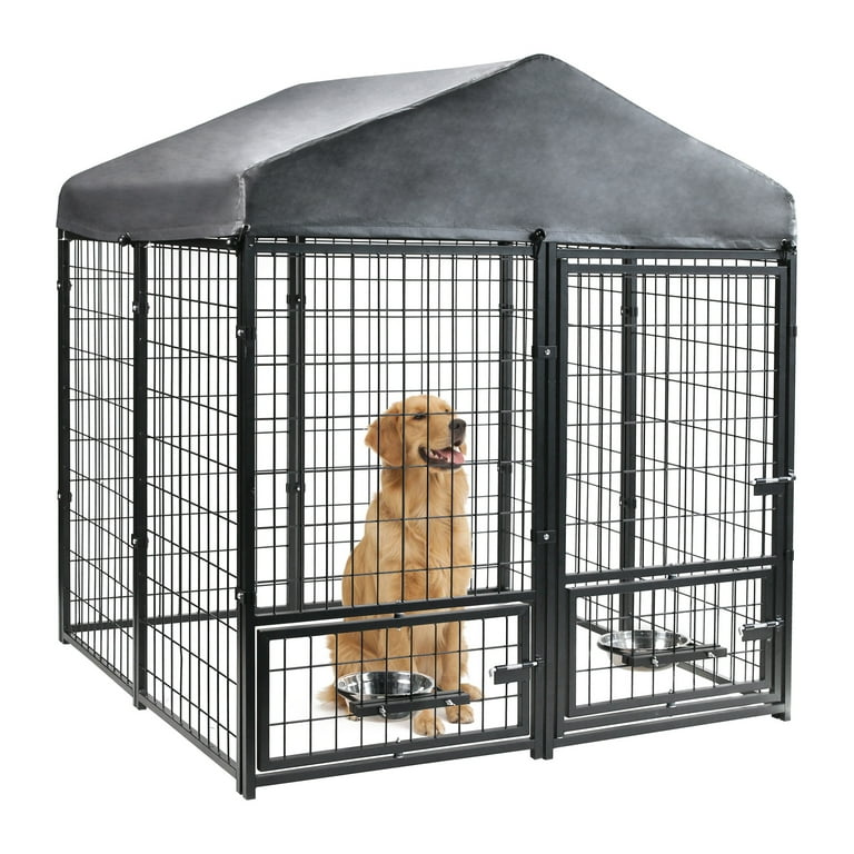 RYPetmia Outdoor Metal Dog Kennel with Roof Black Large 4.5 x 4.5 x 4.9 ft