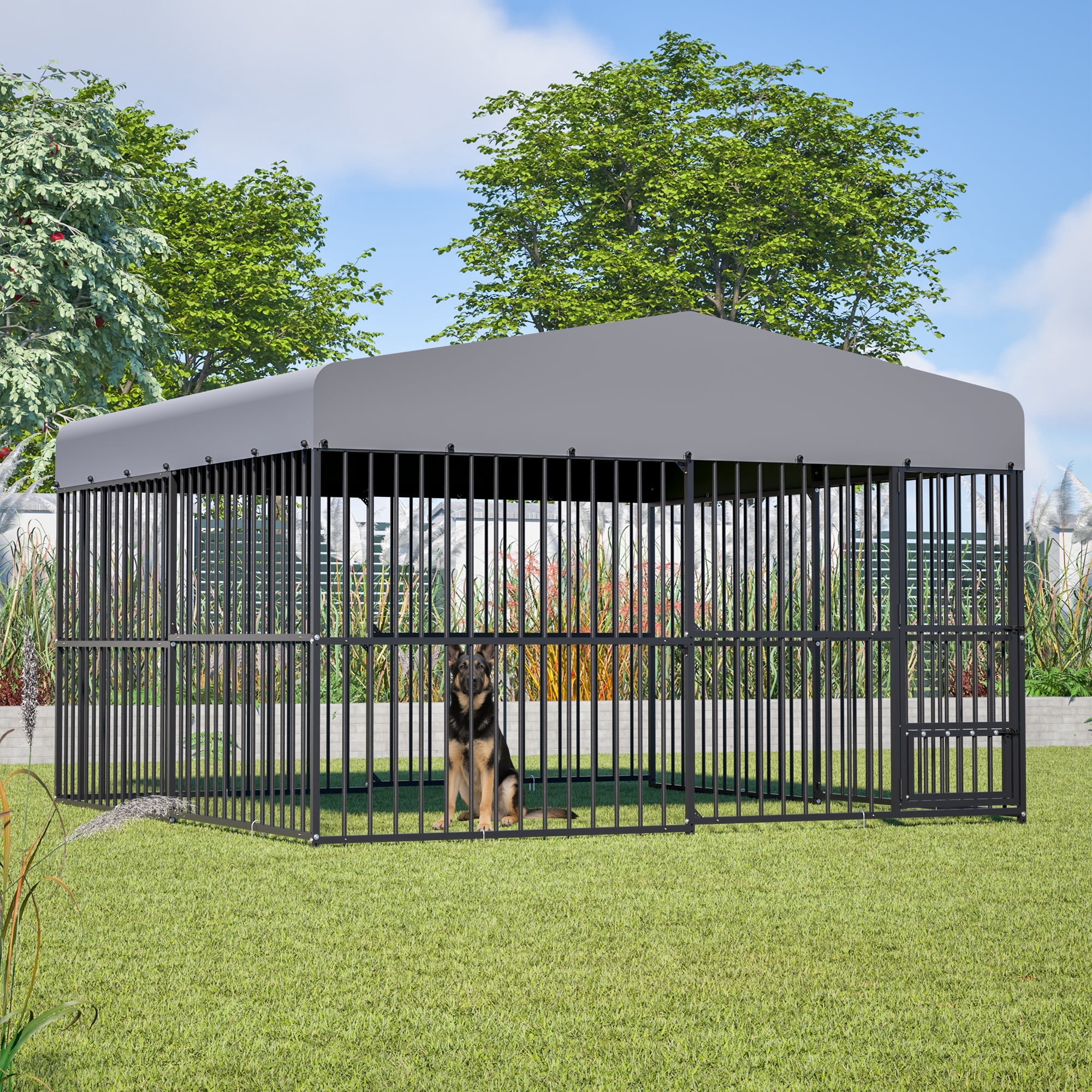 Dog Kennel Outside 9.8×9.8 ft, Pet Pens Dogs Run Enclosure Animal Hutch Metal Coop Fence Outdoor Run House with UV & Roof Cover