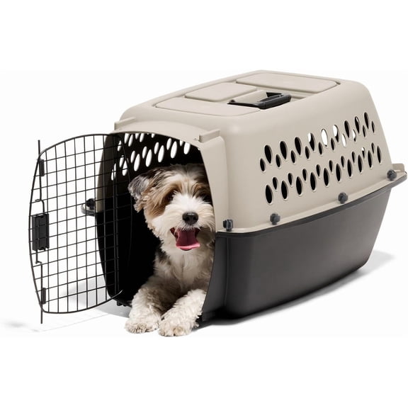 Dog Kennel Portable Carriers & Crates for Smaller Dogs or Puppies and Pets 10 to 20 lbs, Airline-Friendly Plastic Pet Carrier For Home and Travel, 24" Long, Taupe & Black