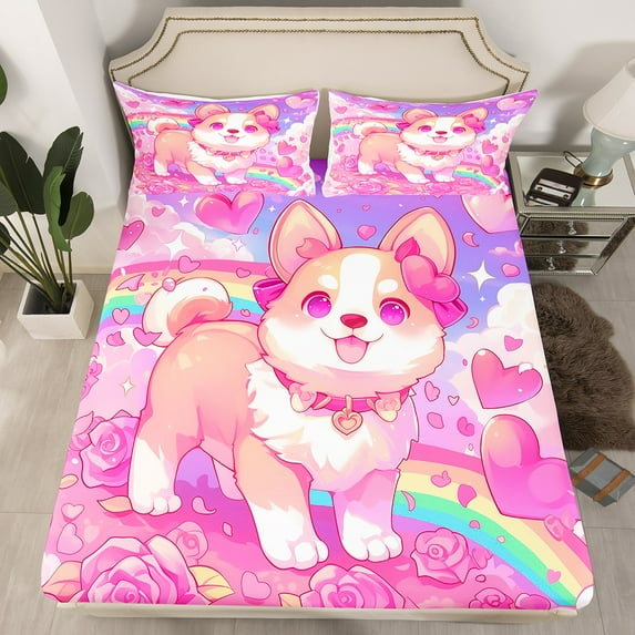 Dog Fitted Sheet Kawaii Corgi Twin Bed Sheets Cute Puppy Heart Watercolor Bed Set,Cartoon Pet Pug Animals Sheets Purple Pink,Teens(No Top Sheet)