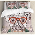 thumbnail image 1 of Dog King Size Duvet Cover Set, Vintage Illustration of Old Hipster Pug Dog with Red Glasses and Bow Master of Professor, Decorative 3 Piece Bedding Set with 2 Pillow Shams, Multi, by Ambesonne, 1 of 3