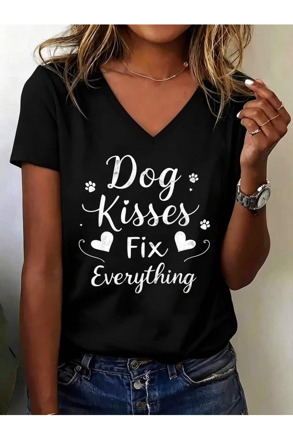 Dog Kisses Fix Everything Puppy Dogs Parents Funny Dog Joke V Neck T-Shirt for Men Women Cotton Women's V Neck Graphic Tee, Casual Short Sleeve Shirt,Vacation Outfit