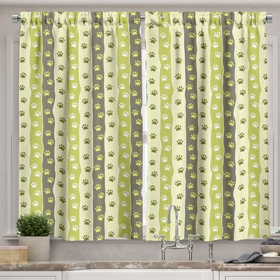 Dog Kitchen Curtains, Vertical Pattern Paw Design Foot Print Canine Walking, Two Panels Drapes with Rod Pocket Room Decor, 55" X 45", Yellow Green Pale Yellow, by Ambesonne