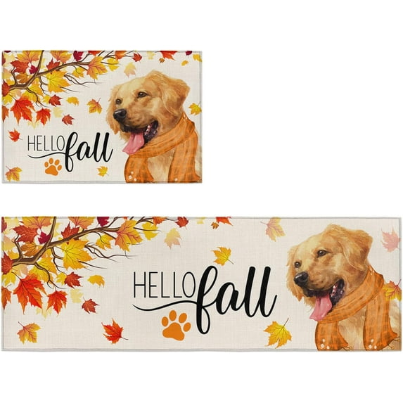Dog Kitchen Rugs Set of 2 Anti Fatigue Mats for Kitchen Floor Cushioned Kitchen Rugs and Mats Non Slip Kitchen Runner Comfort Standing Mat, Autumn Thanksgiving Maple Leaf Animal Theme