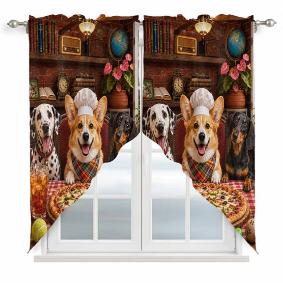 Dog Kitchen Swag Curtain Valance for Windows, Rustic Pet Art Corgi Dalmatian Dog Pizza Bread Window Treatments Short Swag Topper for Kitchen Windows Bathroom Bedroom, 36"x36"