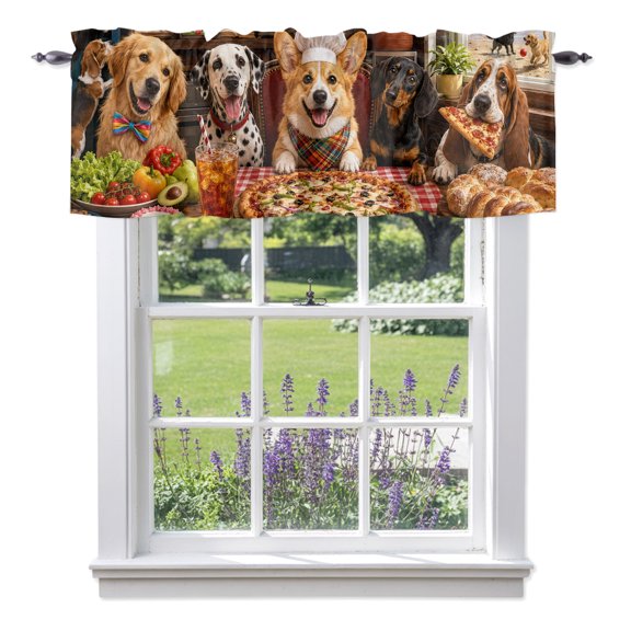 Dog Kitchen Valances for Windows Rustic Pet Art Corgi Dalmatian Dog Pizza Bread Rod Pocket Light Filtering Short Window Treatments Curtains for Kitchen Bathroom Bedroom, 1 Panel, 56 x 16 Inch