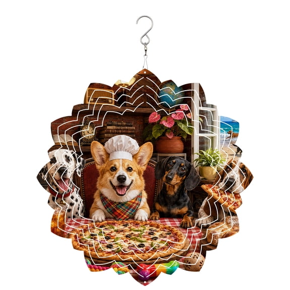 Dog Kitchen Wind Spinner for Garden Yard 8In, Rustic Pet Art Corgi Dalmatian Dog Pizza Bread 3D Stainless Steel Kinetic Hanging Wind Spinners Rustproof Outdoor Decor for Lawn Patio Home