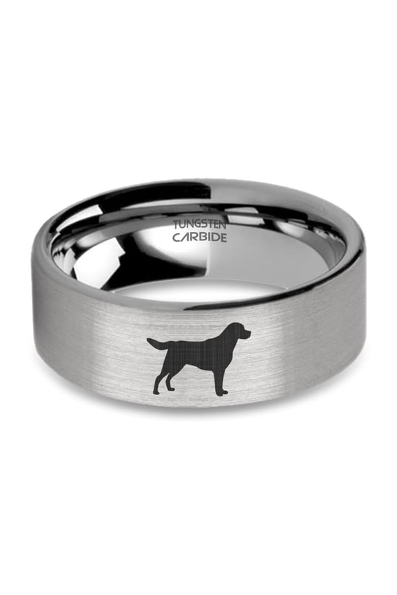 Dog Labrador Labby Engraved Brushed Silver Tungsten Carbide Ring, 8mm, Size 9